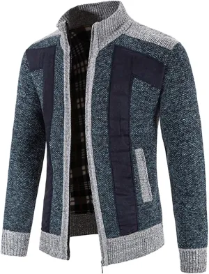 Patchwork Sweater Jackets for Men Full Zip Cardigan Jumpers Casual Stand Collar Jacket Knitted Patchwork Sweaters