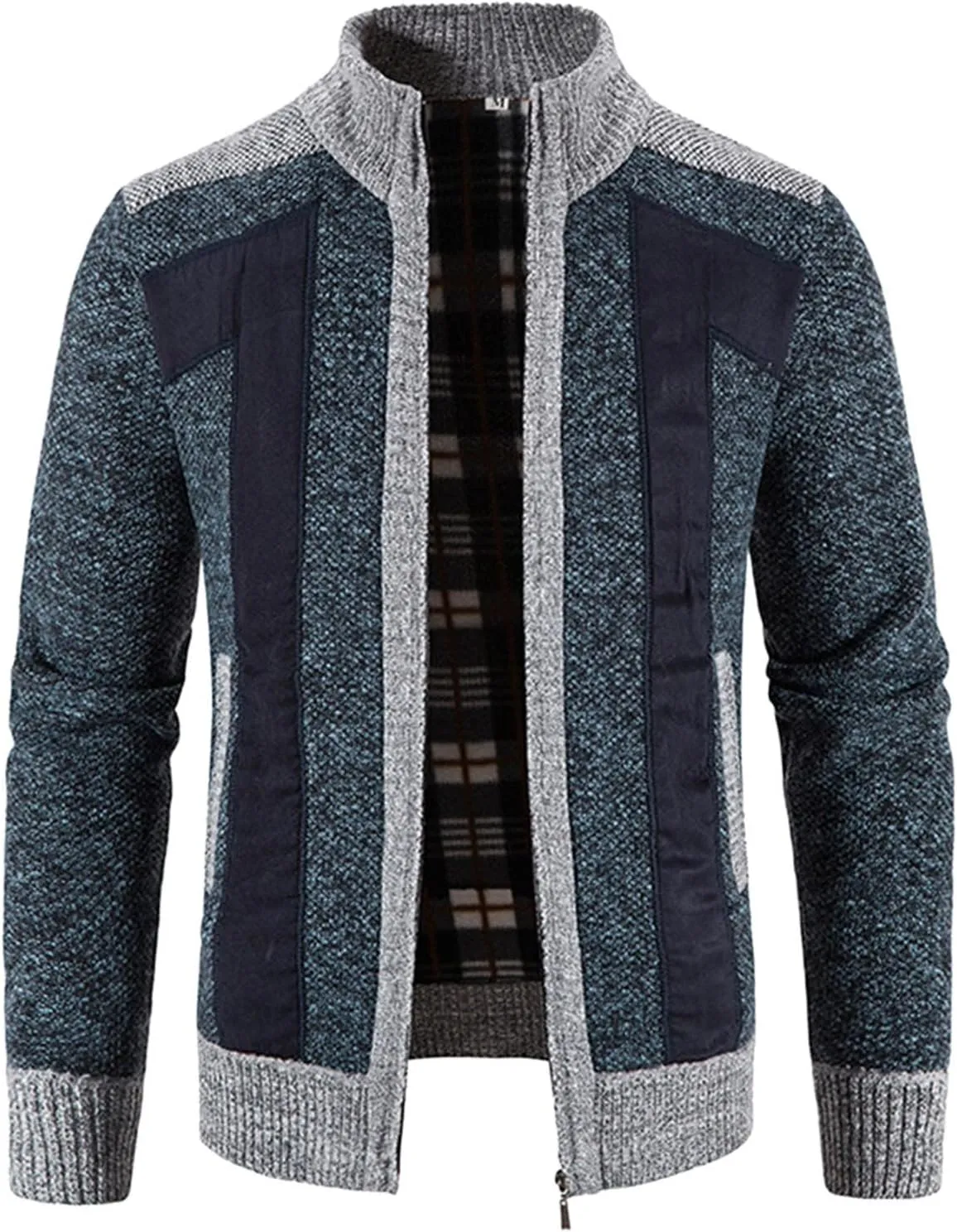 Patchwork Sweater Jackets for Men Full Zip Cardigan Jumpers Casual Stand Collar Jacket Knitted Patchwork Sweaters
