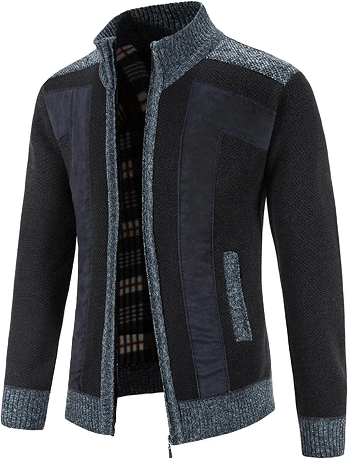 Patchwork Sweater Jackets for Men Full Zip Cardigan Jumpers Casual Stand Collar Jacket Knitted Patchwork Sweaters