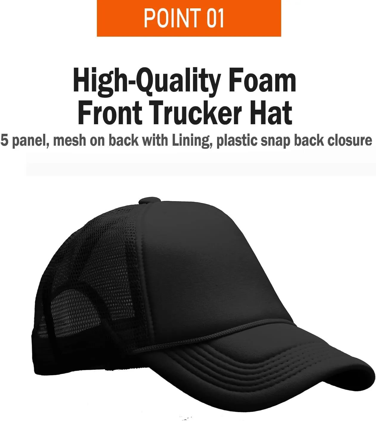 PLAIN GEAR Foam(Sponge) Front Mesh Back 5 Panel Trucker Hat, Adjustable, Light Weight Snapback Cap Solid/Two Tone