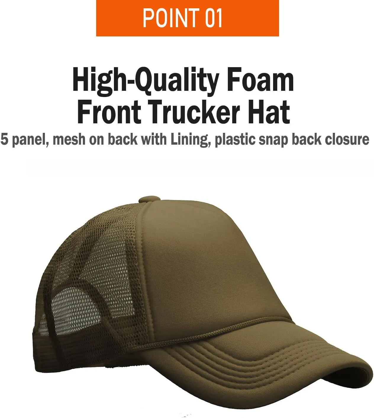 PLAIN GEAR Foam(Sponge) Front Mesh Back 5 Panel Trucker Hat, Adjustable, Light Weight Snapback Cap Solid/Two Tone
