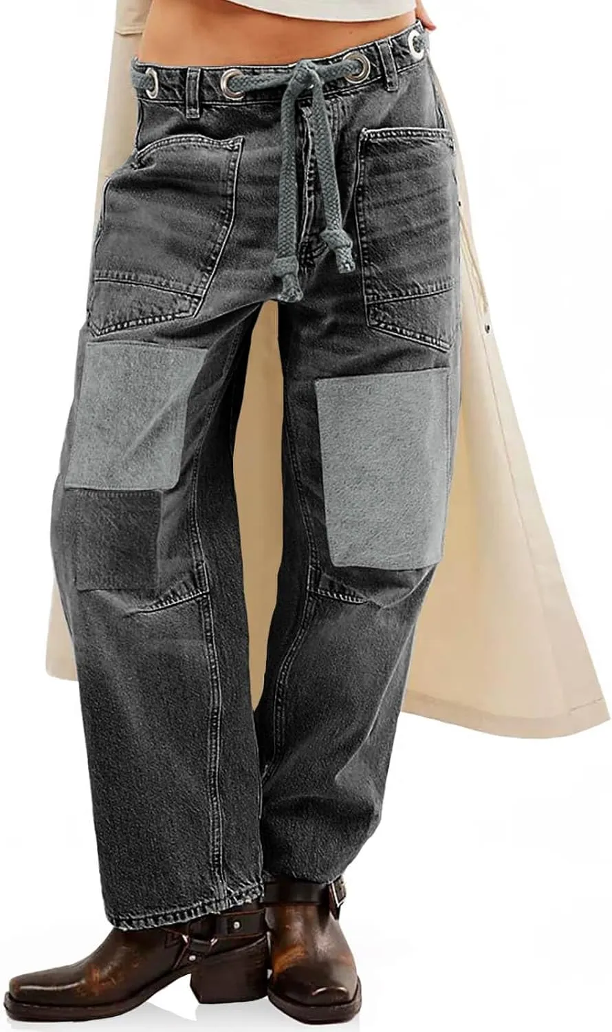 PLNOTME Womens Baggy Barrel Horseshoe Jeans Wide Leg Patchwork Low Rise Denim Pants with Pockets