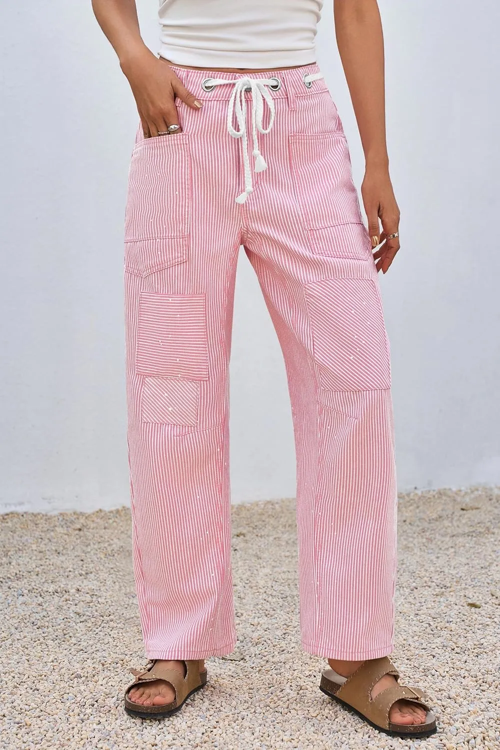 PLNOTME Womens Baggy Barrel Horseshoe Jeans Wide Leg Patchwork Low Rise Denim Pants with Pockets