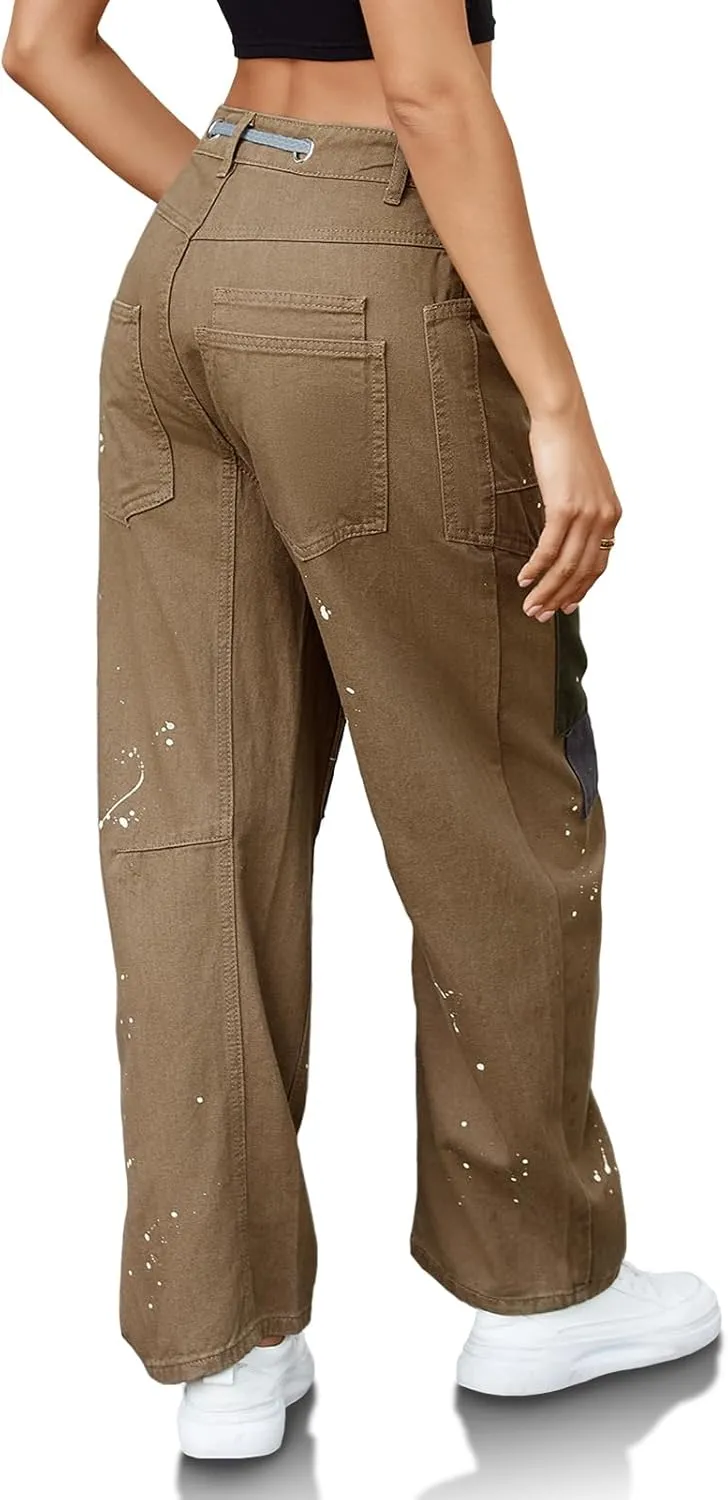 PLNOTME Womens Baggy Barrel Horseshoe Jeans Wide Leg Patchwork Low Rise Denim Pants with Pockets