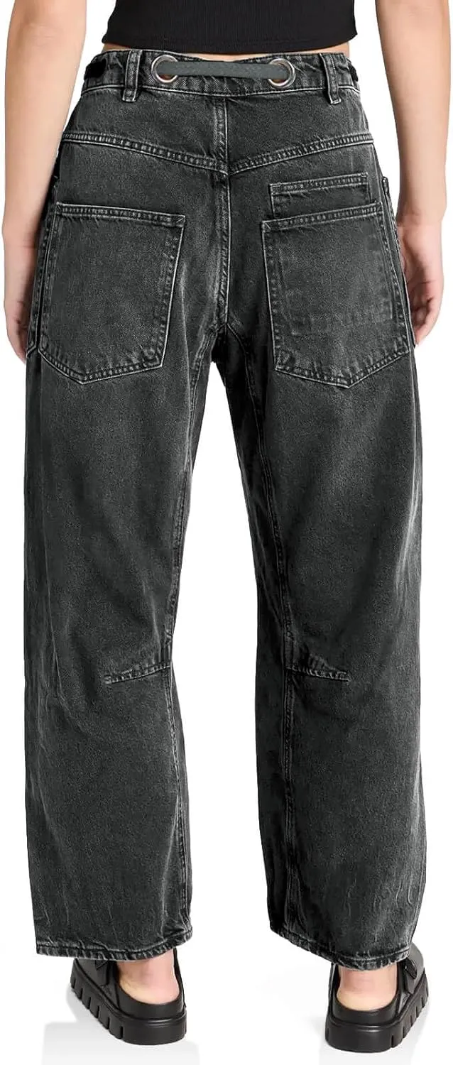 PLNOTME Womens Baggy Barrel Horseshoe Jeans Wide Leg Patchwork Low Rise Denim Pants with Pockets