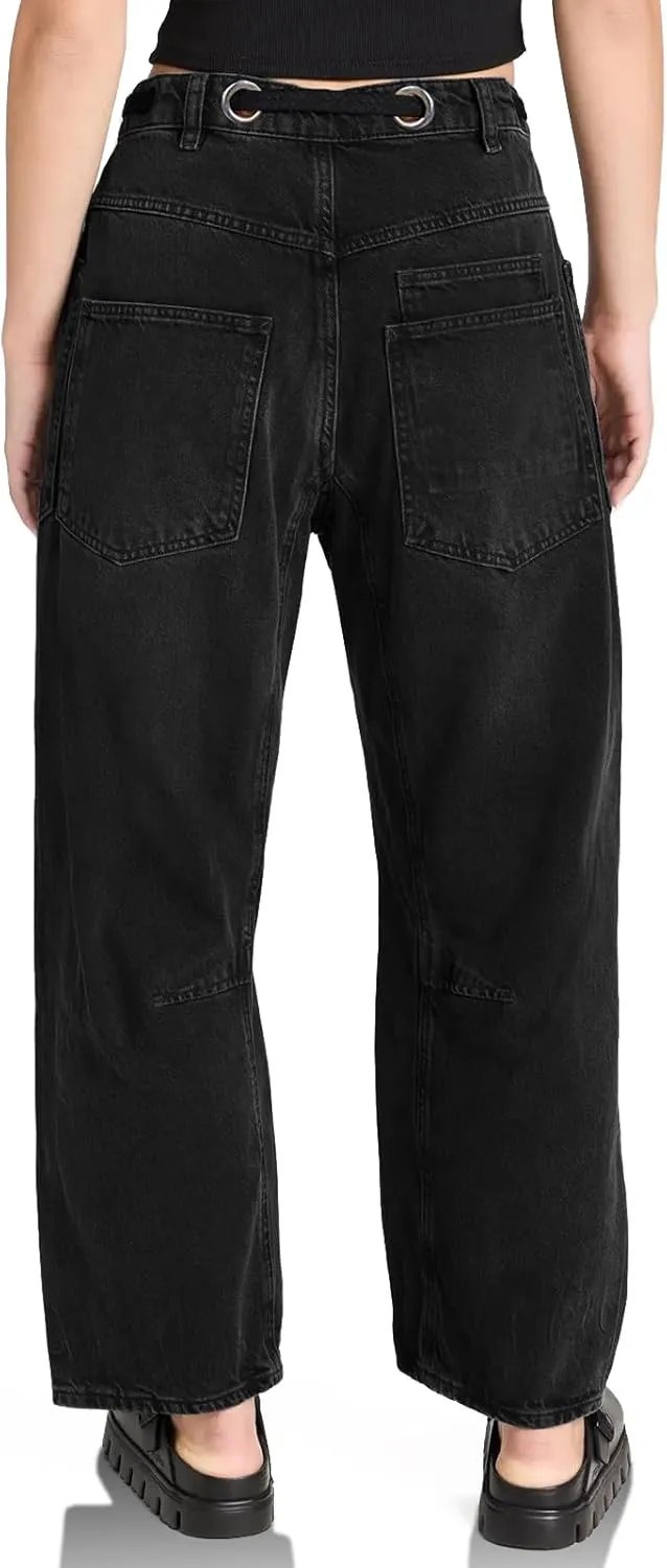 PLNOTME Womens Baggy Barrel Horseshoe Jeans Wide Leg Patchwork Low Rise Denim Pants with Pockets