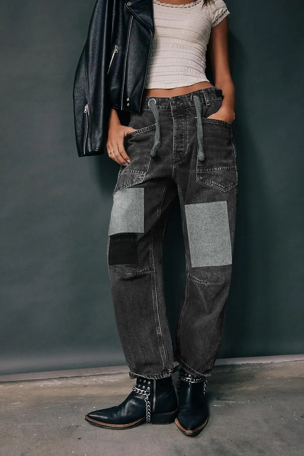 PLNOTME Womens Baggy Barrel Horseshoe Jeans Wide Leg Patchwork Low Rise Denim Pants with Pockets