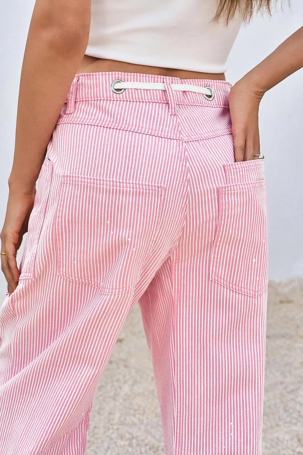PLNOTME Womens Baggy Barrel Horseshoe Jeans Wide Leg Patchwork Low Rise Denim Pants with Pockets