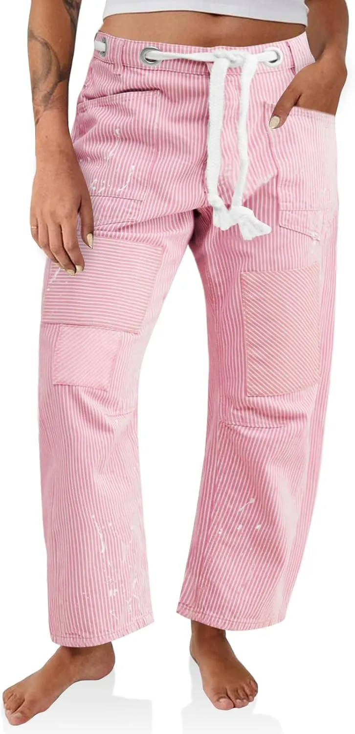 PLNOTME Womens Baggy Barrel Horseshoe Jeans Wide Leg Patchwork Low Rise Denim Pants with Pockets