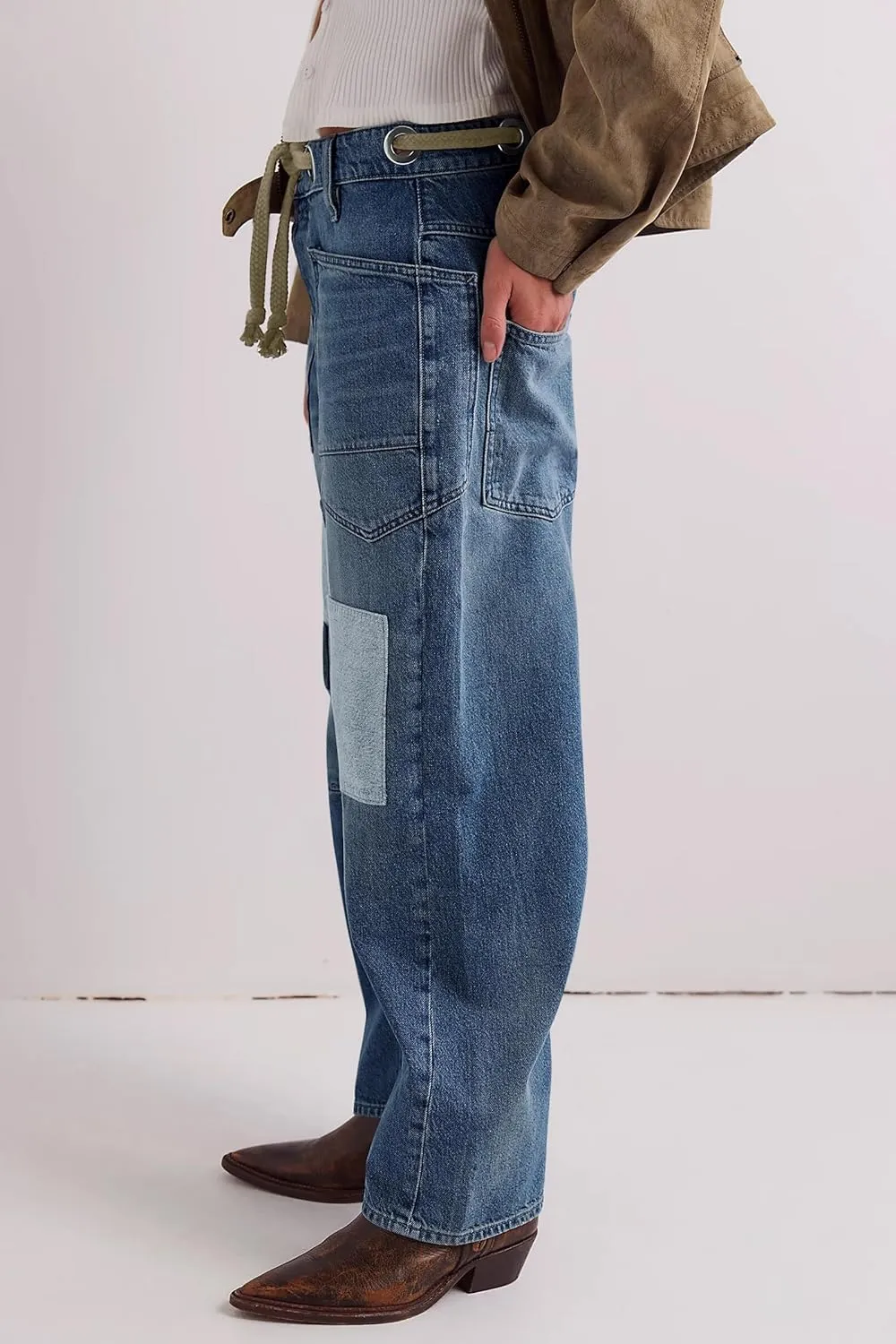 PLNOTME Womens Baggy Barrel Horseshoe Jeans Wide Leg Patchwork Low Rise Denim Pants with Pockets