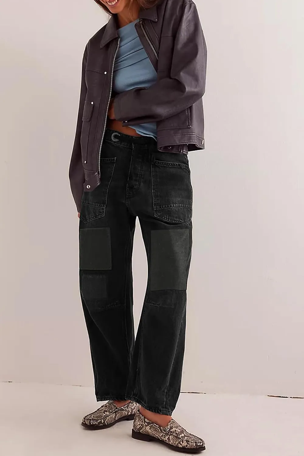 PLNOTME Womens Baggy Barrel Horseshoe Jeans Wide Leg Patchwork Low Rise Denim Pants with Pockets