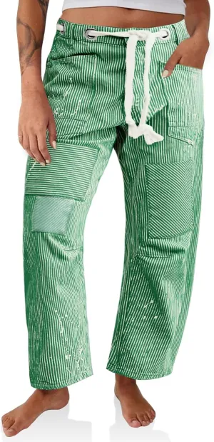 PLNOTME Womens Baggy Barrel Horseshoe Jeans Wide Leg Patchwork Low Rise Denim Pants with Pockets