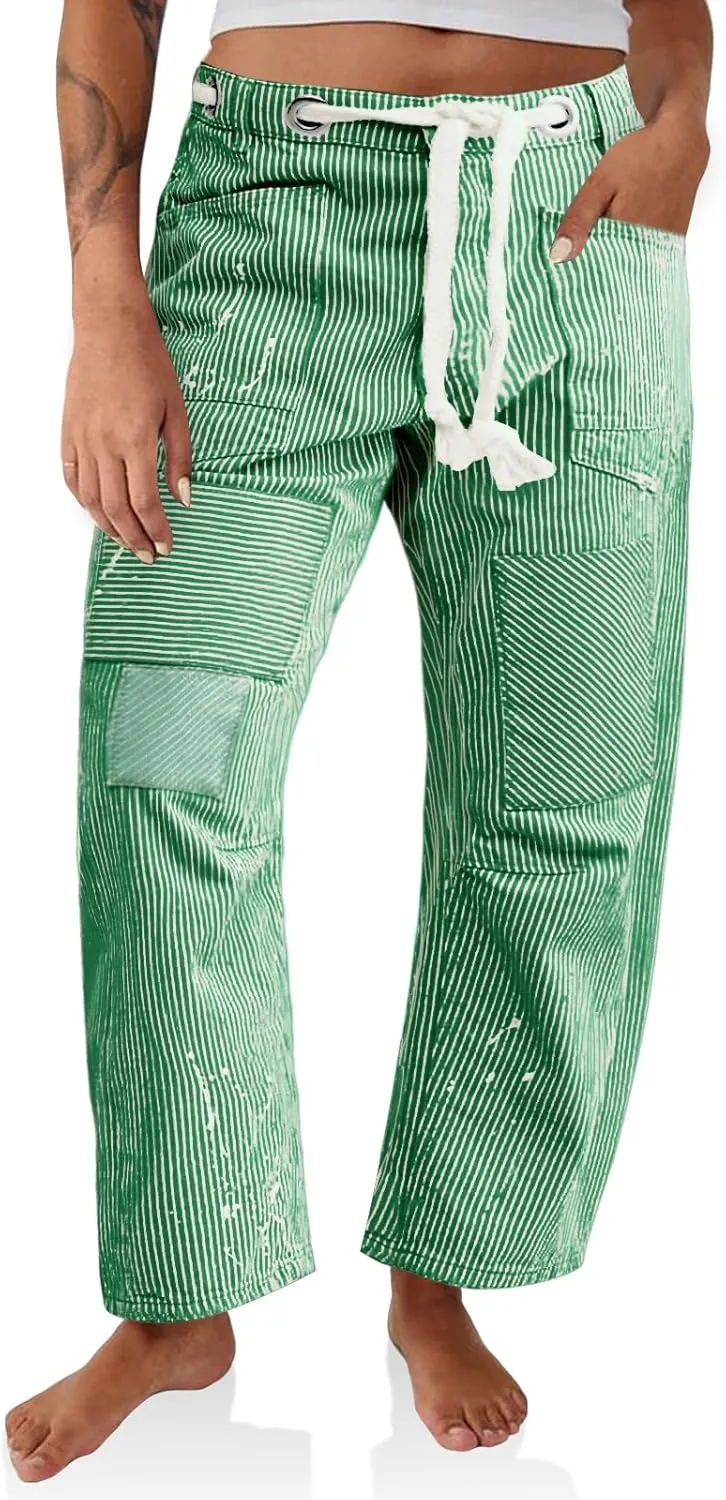 PLNOTME Womens Baggy Barrel Horseshoe Jeans Wide Leg Patchwork Low Rise Denim Pants with Pockets