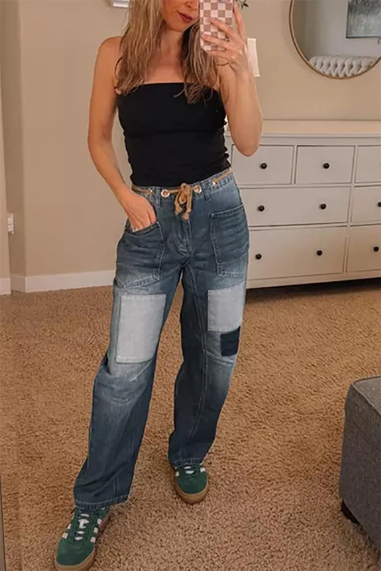 PLNOTME Womens Baggy Barrel Horseshoe Jeans Wide Leg Patchwork Low Rise Denim Pants with Pockets