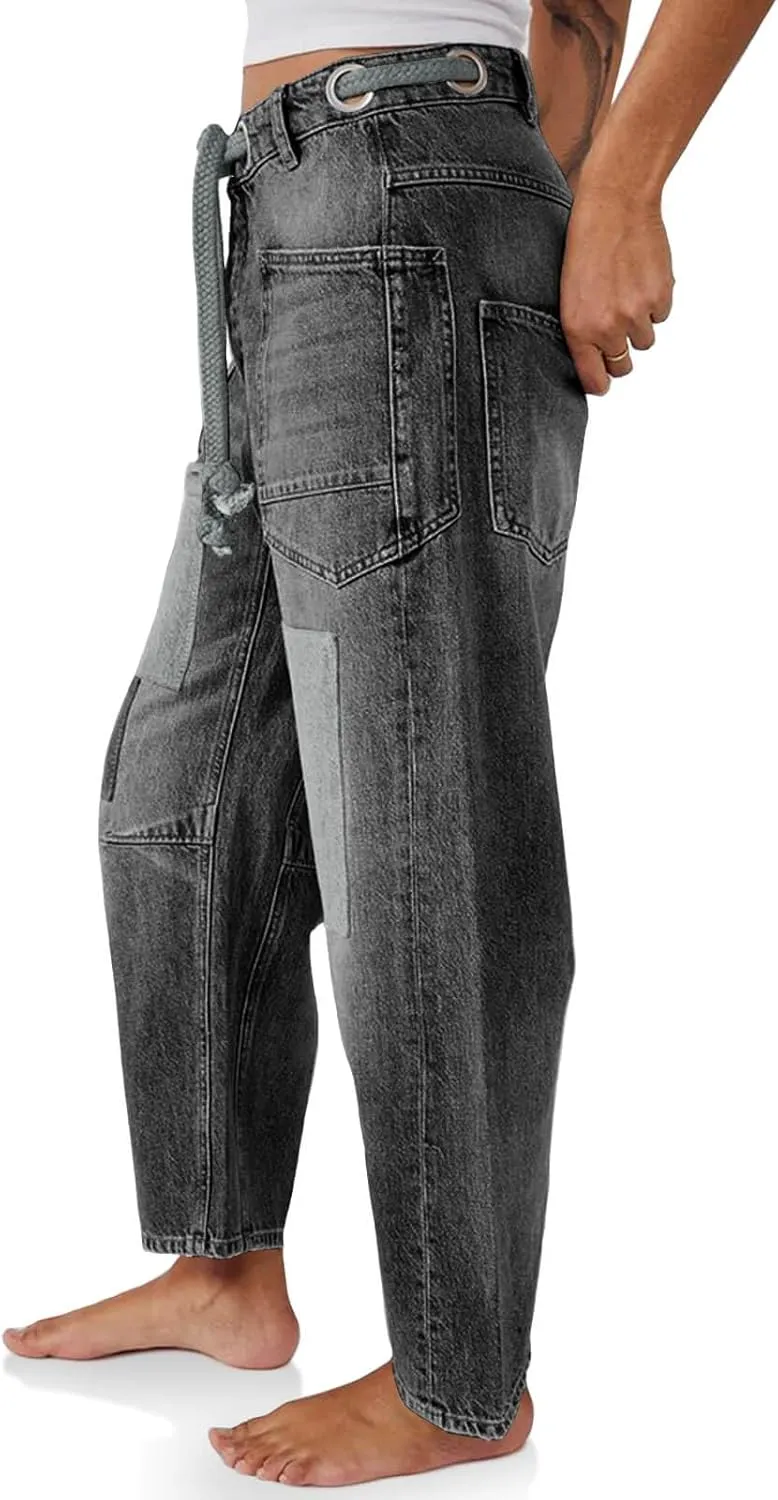 PLNOTME Womens Baggy Barrel Horseshoe Jeans Wide Leg Patchwork Low Rise Denim Pants with Pockets