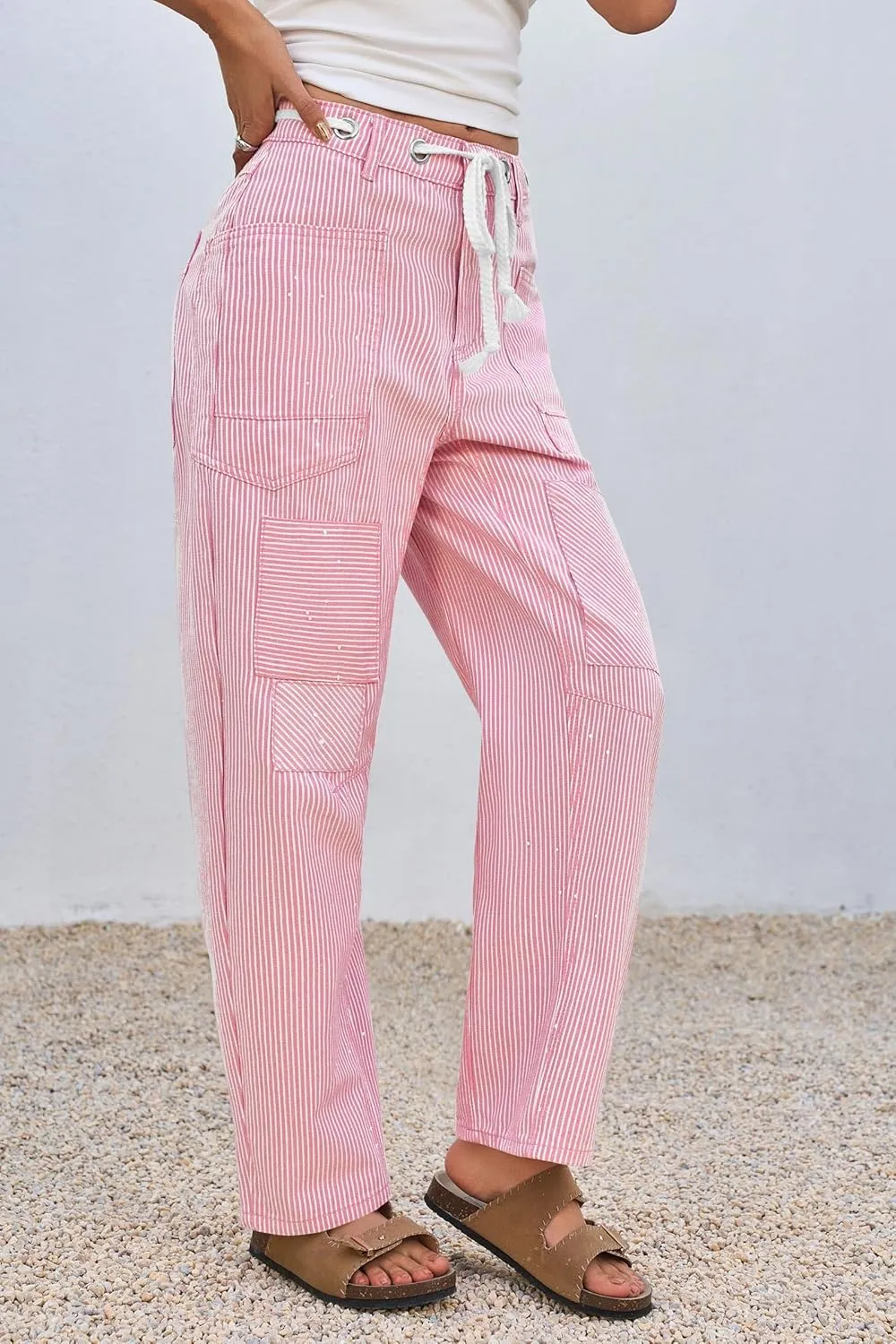 PLNOTME Womens Baggy Barrel Horseshoe Jeans Wide Leg Patchwork Low Rise Denim Pants with Pockets