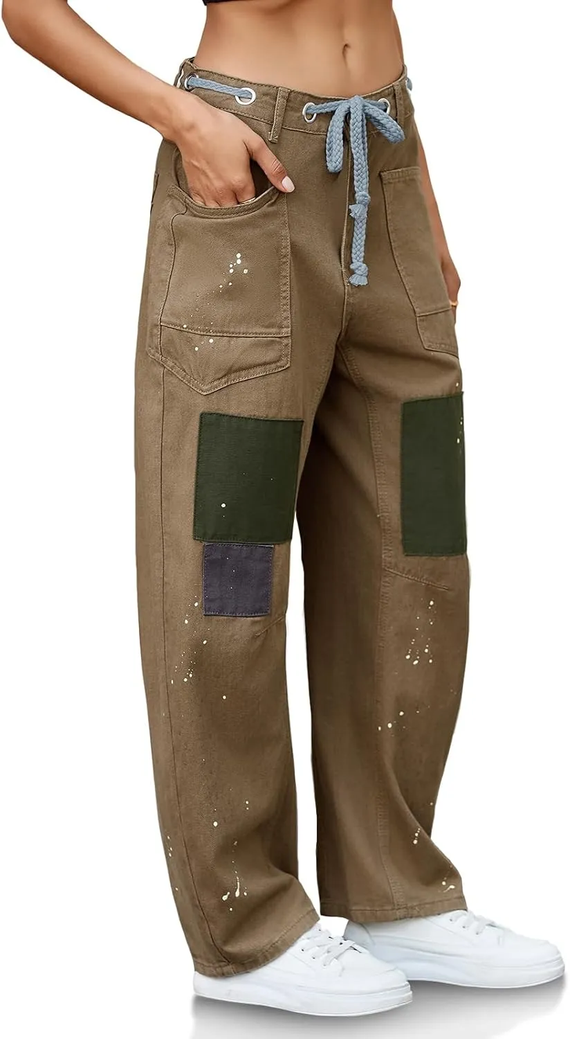 PLNOTME Womens Baggy Barrel Horseshoe Jeans Wide Leg Patchwork Low Rise Denim Pants with Pockets