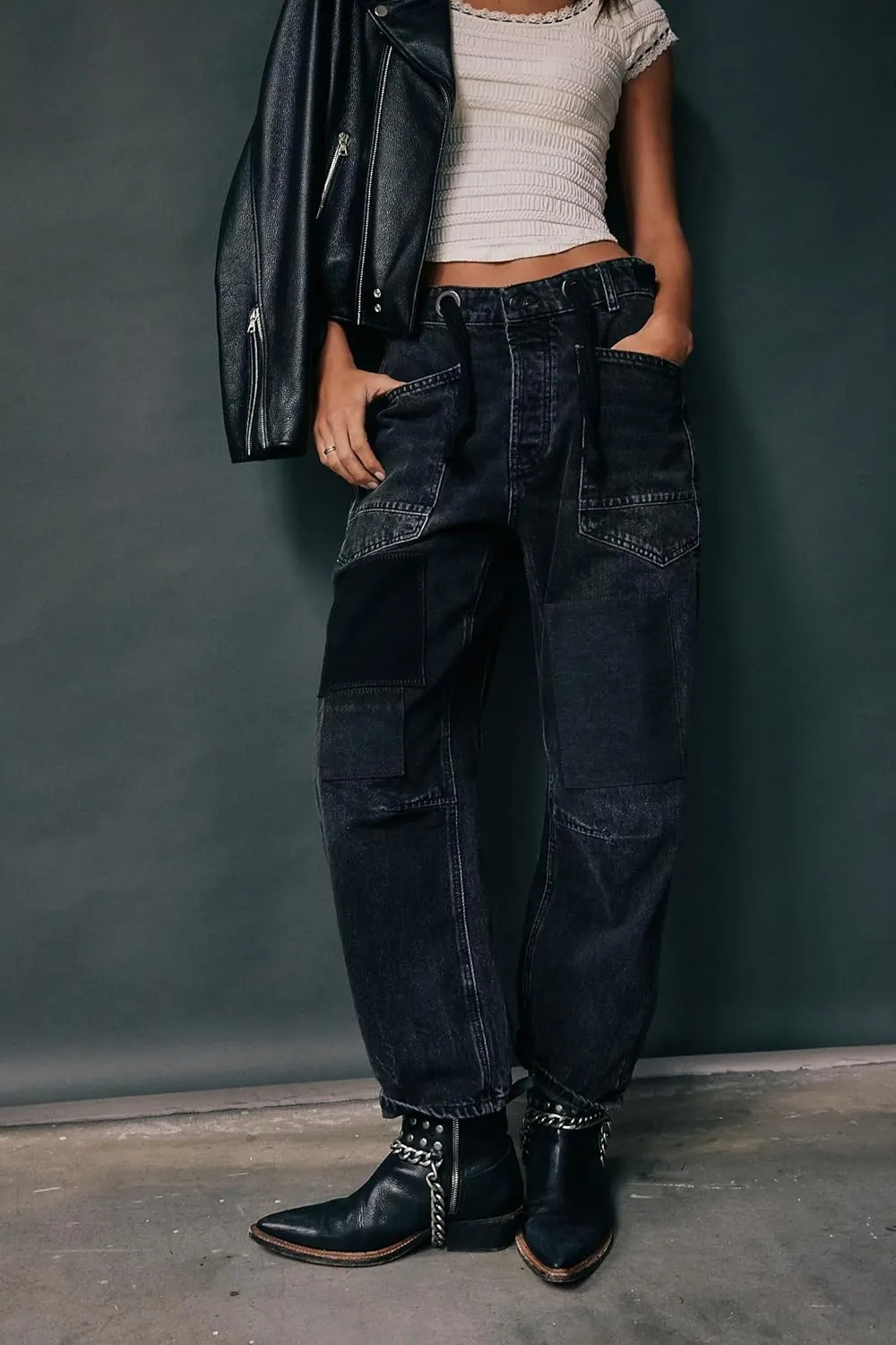 PLNOTME Womens Baggy Barrel Horseshoe Jeans Wide Leg Patchwork Low Rise Denim Pants with Pockets