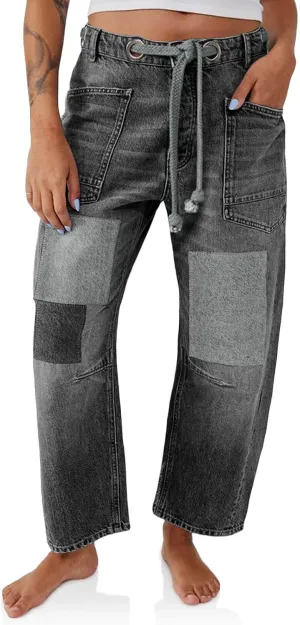 PLNOTME Womens Baggy Barrel Horseshoe Jeans Wide Leg Patchwork Low Rise Denim Pants with Pockets