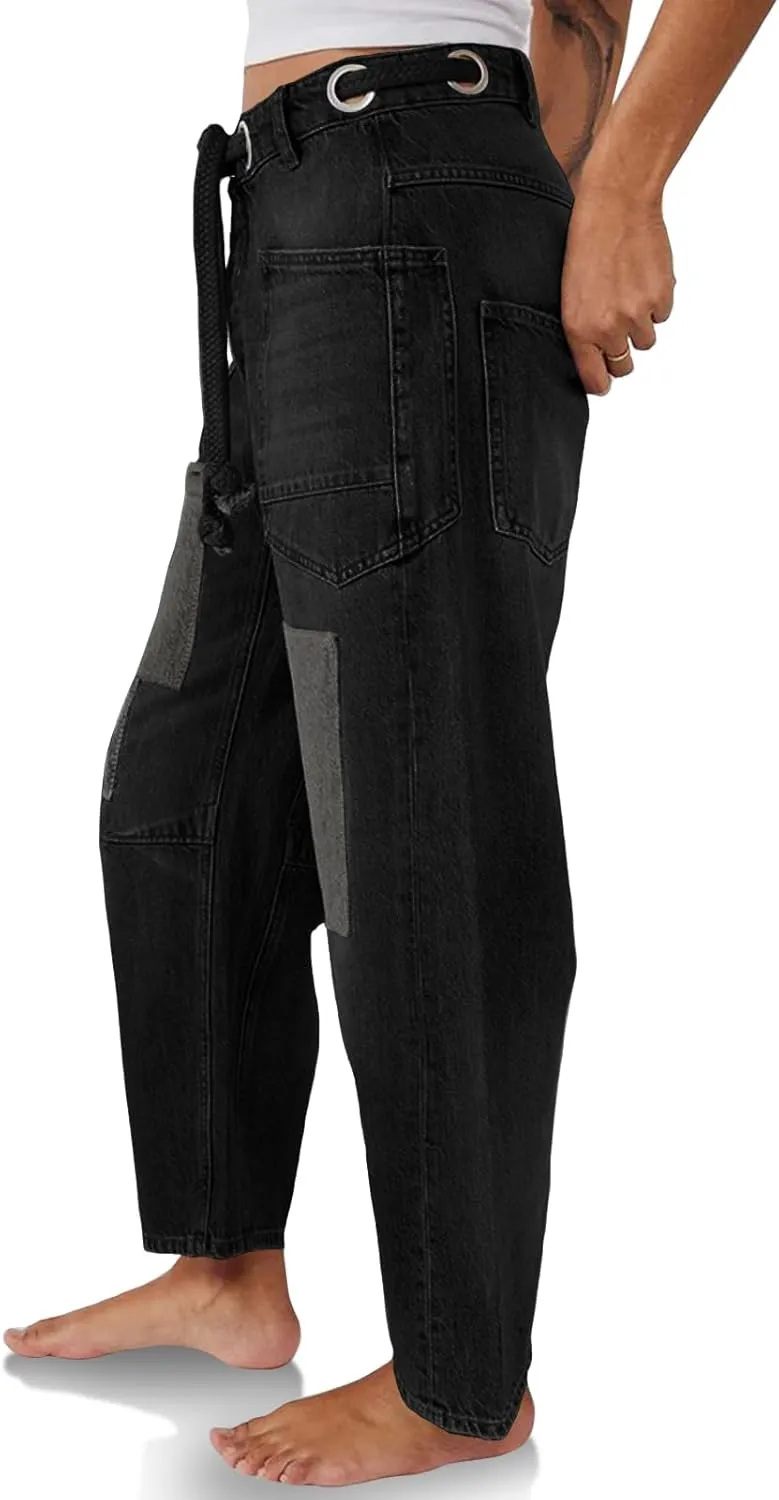 PLNOTME Womens Baggy Barrel Horseshoe Jeans Wide Leg Patchwork Low Rise Denim Pants with Pockets