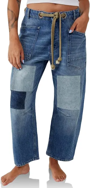 PLNOTME Womens Baggy Barrel Horseshoe Jeans Wide Leg Patchwork Low Rise Denim Pants with Pockets