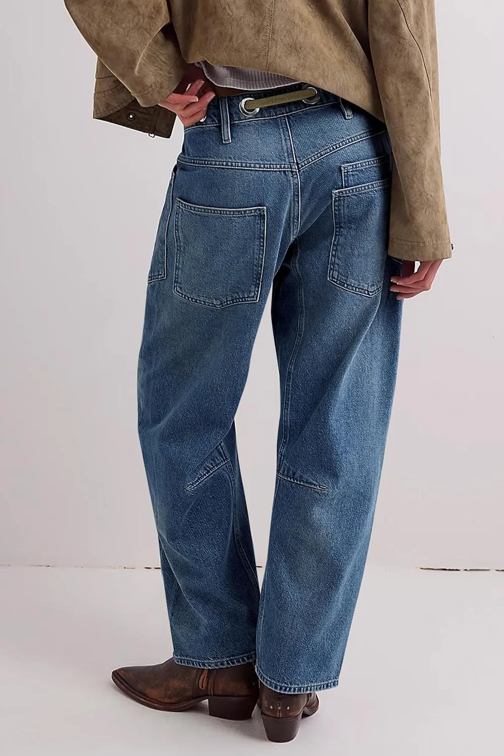 PLNOTME Womens Baggy Barrel Horseshoe Jeans Wide Leg Patchwork Low Rise Denim Pants with Pockets