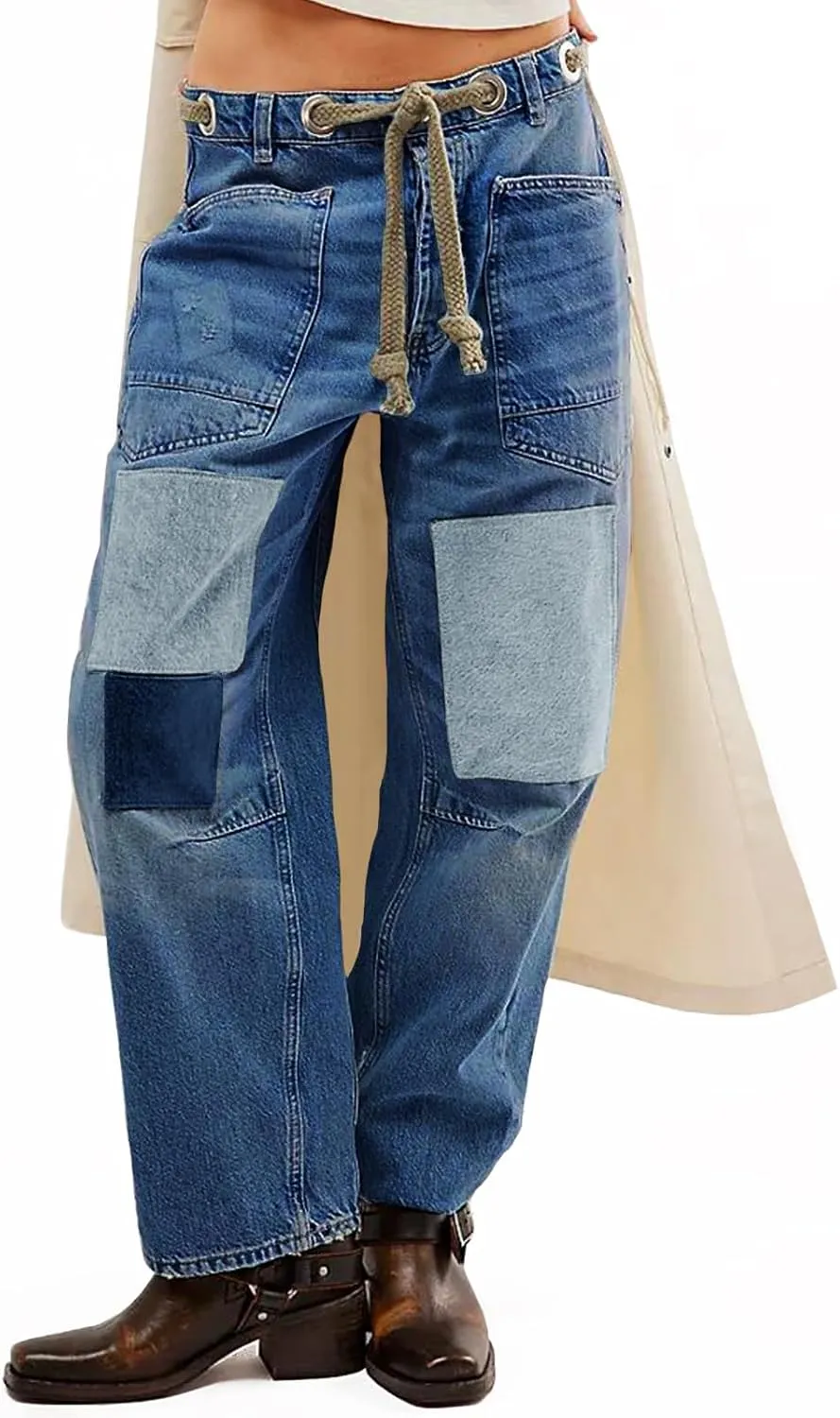 PLNOTME Womens Baggy Barrel Horseshoe Jeans Wide Leg Patchwork Low Rise Denim Pants with Pockets