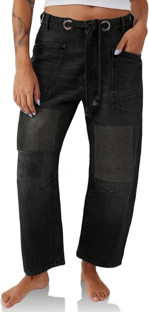 PLNOTME Womens Baggy Barrel Horseshoe Jeans Wide Leg Patchwork Low Rise Denim Pants with Pockets