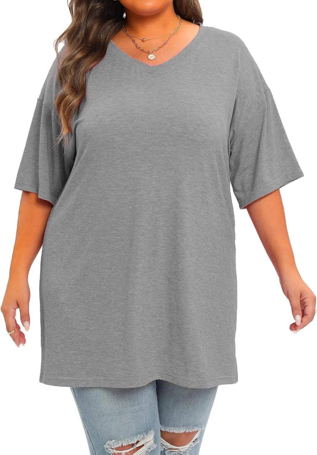 Plus Size Oversized T Shirts Women V Neck Half Sleeve Drop Shoulder Tshirt Casual Summer Tunic Tops