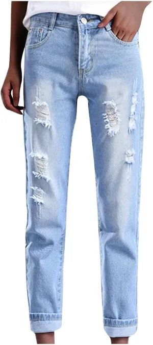 Plus Size Ripped Jeans for Women High Waisted Skinny Denim Pants Ripped & Distressed Slim Straight Leg Flared Jeans