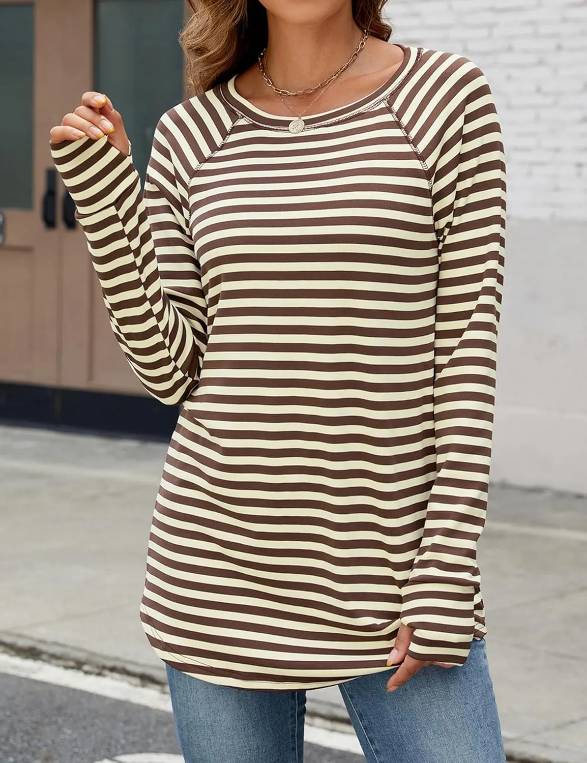 Poetsky Women's Long Sleeve Tunic Tops with Thumb Holes Casual Crew Neck Basic Loose T Shirts