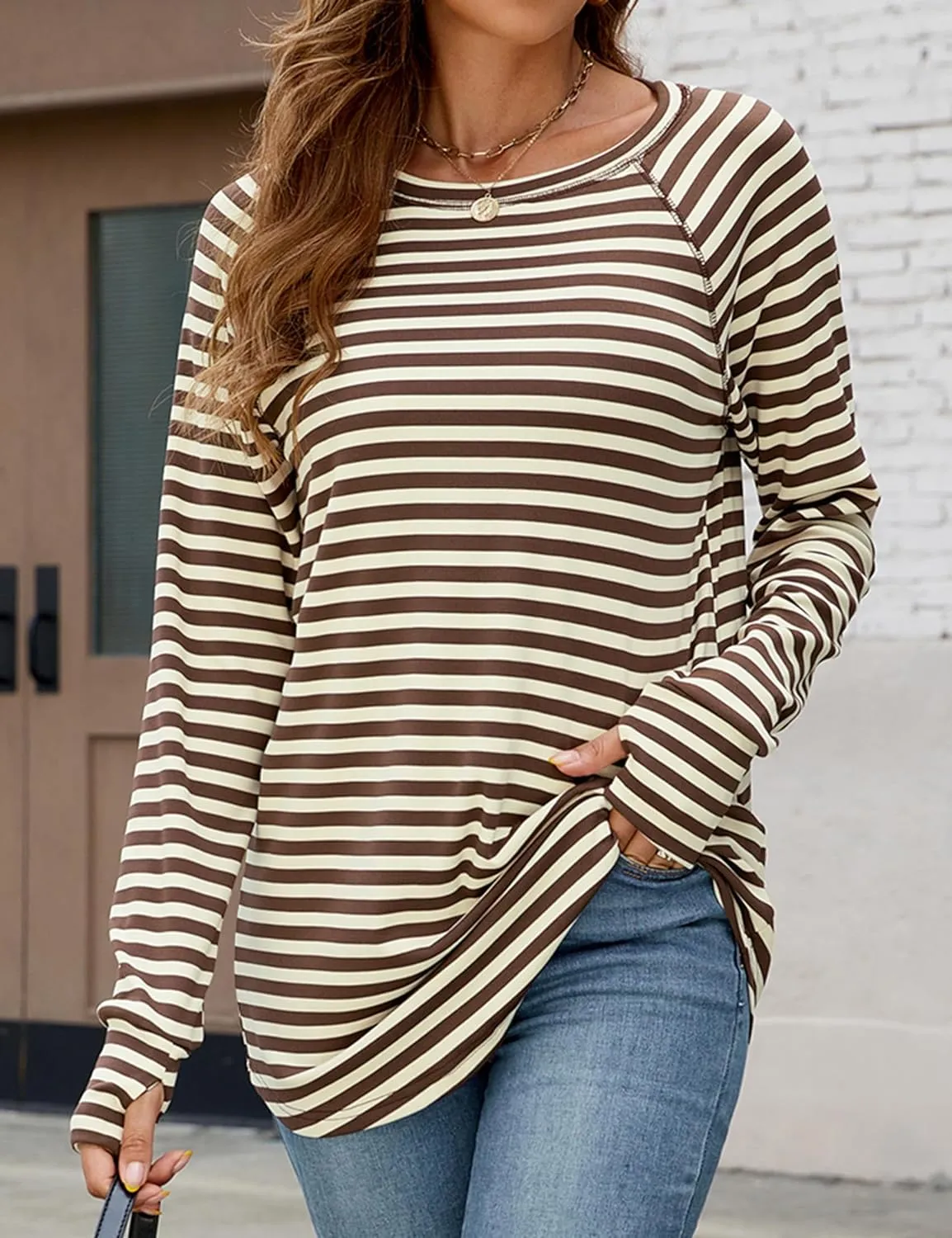 Poetsky Women's Long Sleeve Tunic Tops with Thumb Holes Casual Crew Neck Basic Loose T Shirts