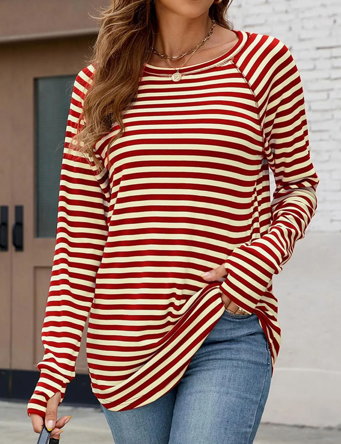 Poetsky Women's Long Sleeve Tunic Tops with Thumb Holes Casual Crew Neck Basic Loose T Shirts