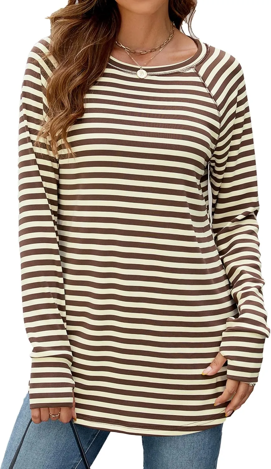 Poetsky Women's Long Sleeve Tunic Tops with Thumb Holes Casual Crew Neck Basic Loose T Shirts