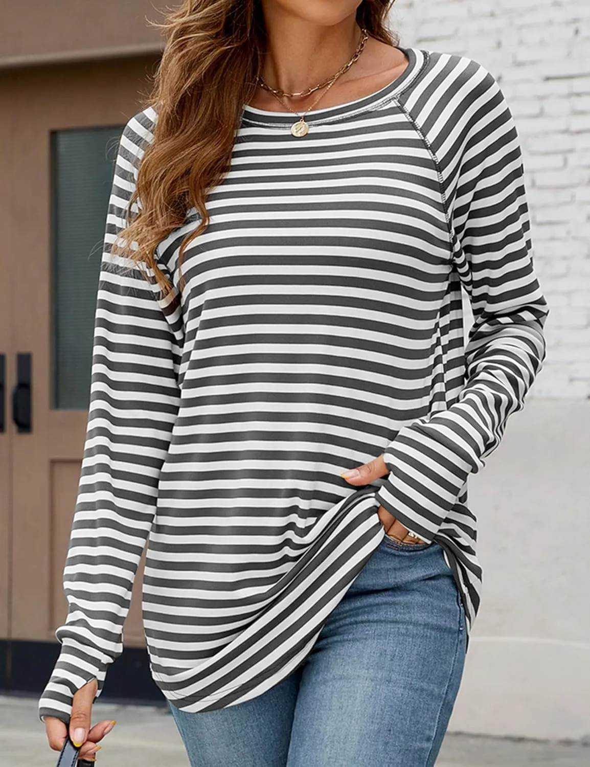 Poetsky Women's Long Sleeve Tunic Tops with Thumb Holes Casual Crew Neck Basic Loose T Shirts