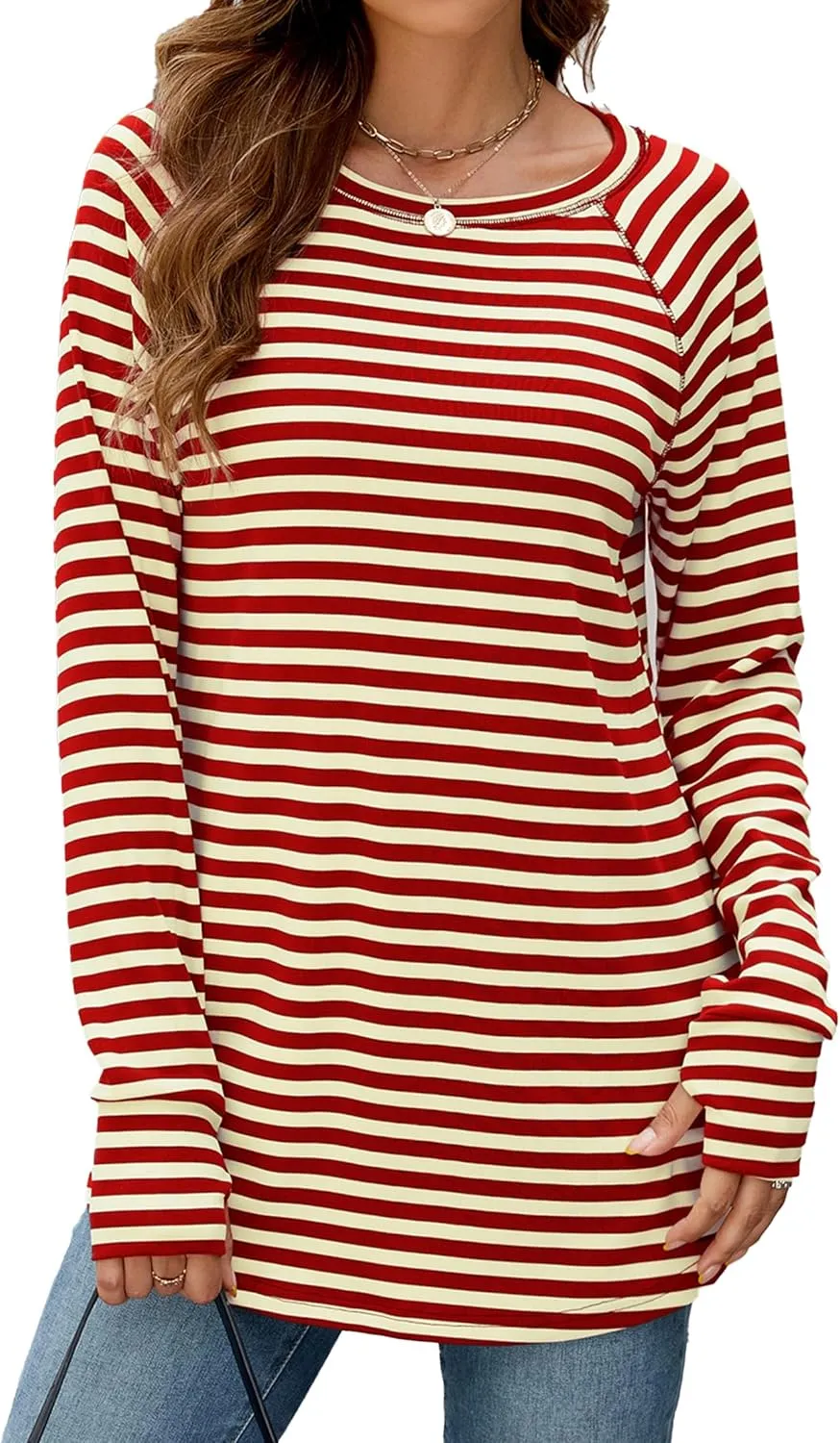 Poetsky Women's Long Sleeve Tunic Tops with Thumb Holes Casual Crew Neck Basic Loose T Shirts