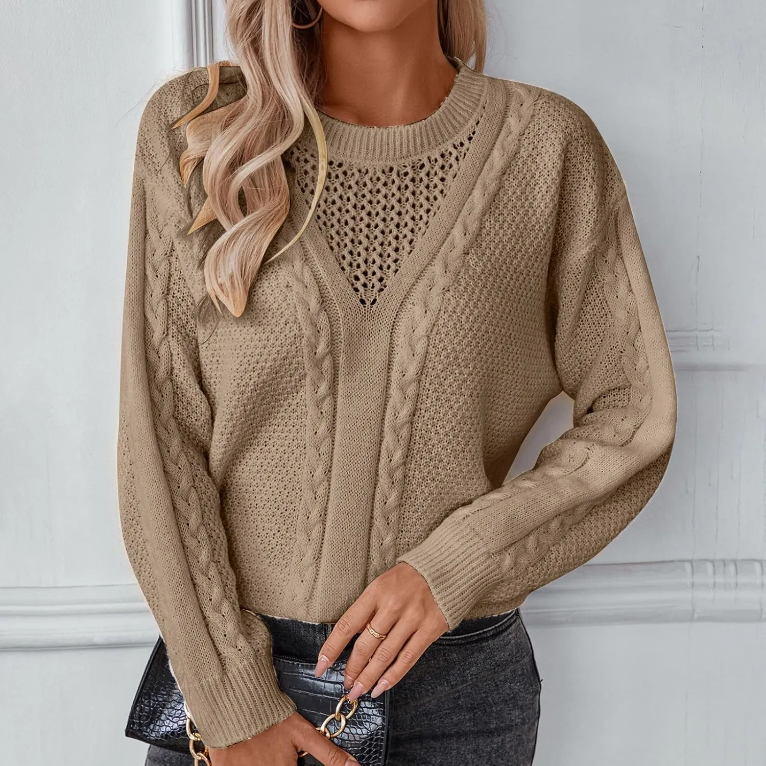 Pullover Sweaters for Women Fall Fashion 2024 Solid Cable Knit Sweater Long Sleeve Crewneck Casual Winter Sweaters