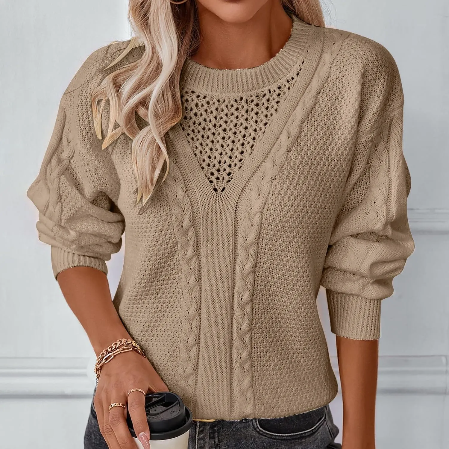 Pullover Sweaters for Women Fall Fashion 2024 Solid Cable Knit Sweater Long Sleeve Crewneck Casual Winter Sweaters