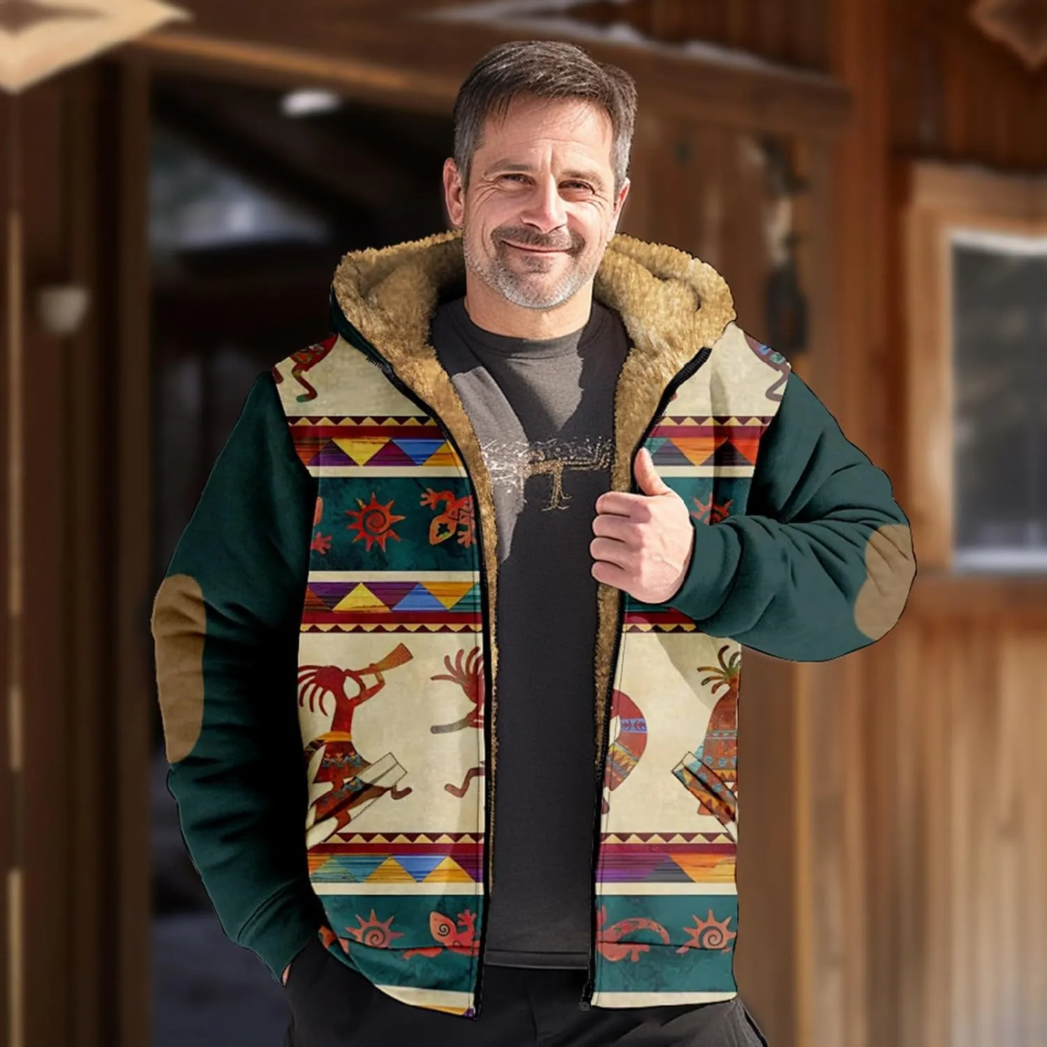 Retro Ethnic Graphic Hoodies Heavyweight Sherpa Fleece Lined Jackets Big Tall Zip Up Sweatshirts For Men With Hood