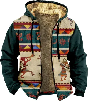Retro Ethnic Graphic Hoodies Heavyweight Sherpa Fleece Lined Jackets Big Tall Zip Up Sweatshirts For Men With Hood