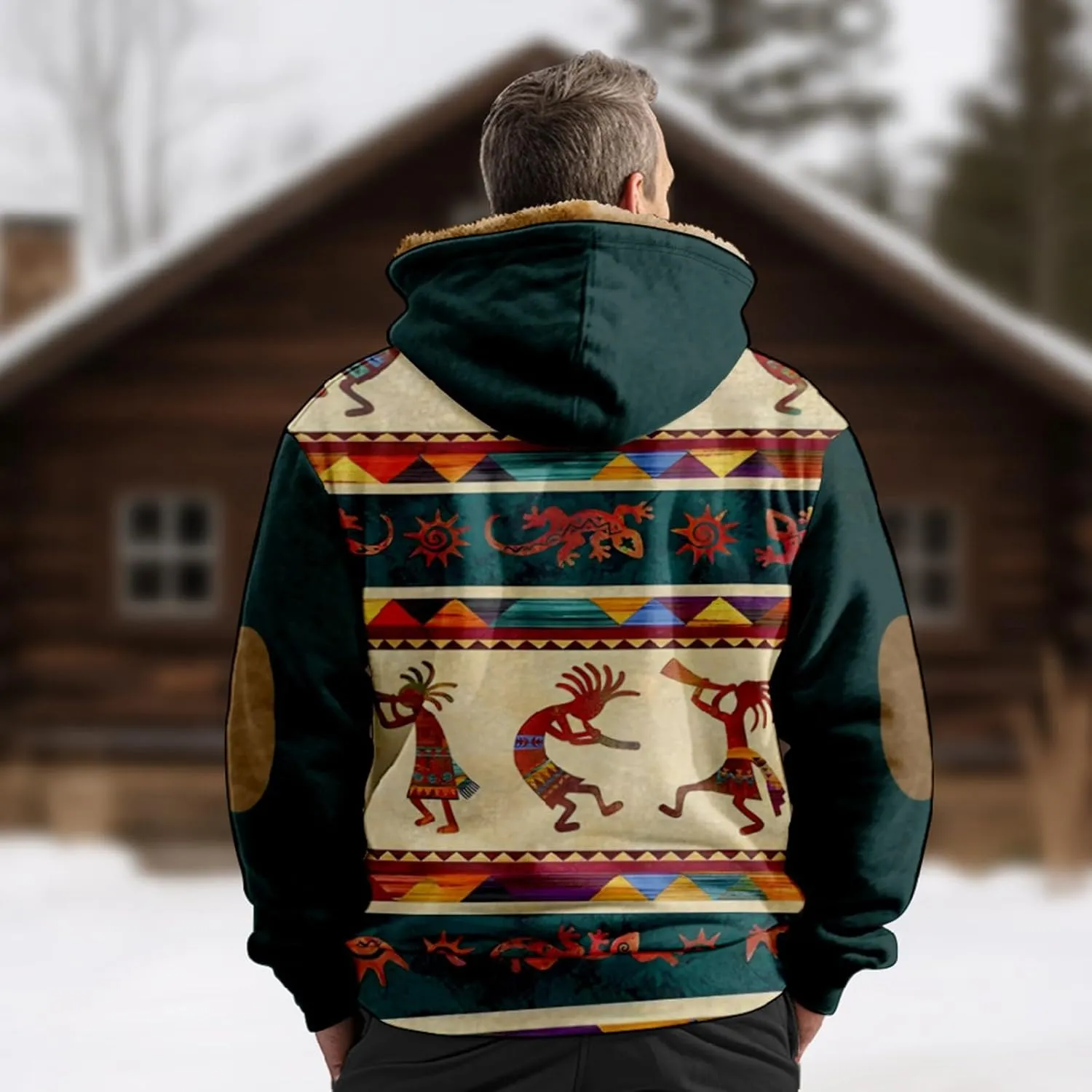 Retro Ethnic Graphic Hoodies Heavyweight Sherpa Fleece Lined Jackets Big Tall Zip Up Sweatshirts For Men With Hood