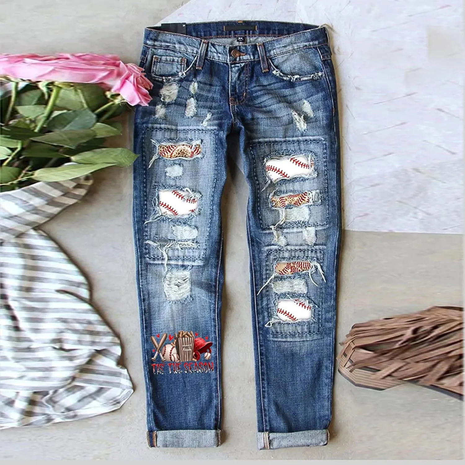 Ripped Jeans for Women Plaid Patch Boyfriend Skinny Distressed Denim Jean Pants Leopard Floral Patchwork Jeans