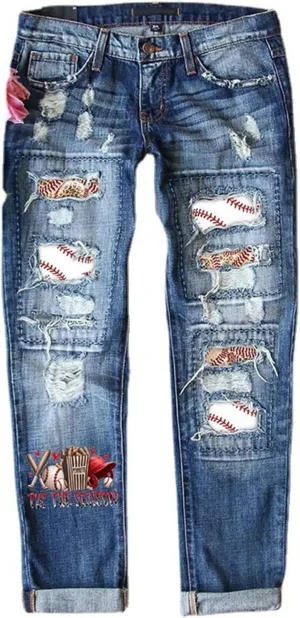 Ripped Jeans for Women Plaid Patch Boyfriend Skinny Distressed Denim Jean Pants Leopard Floral Patchwork Jeans
