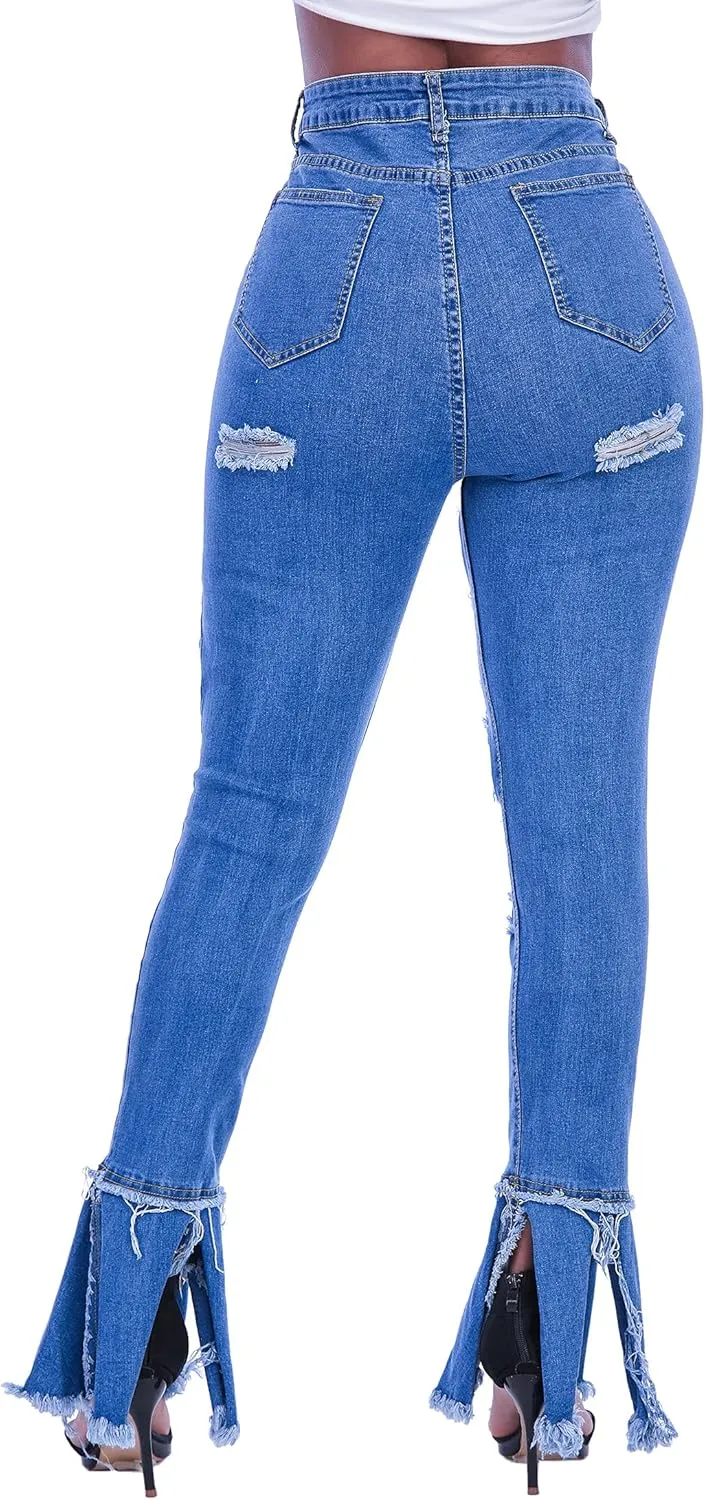 Ripped Jeans Womens Bell Bottom Jeans for Women High Rise Flare Pants Destroyed Distressed Skinny Retro Denim