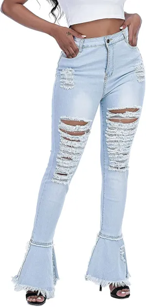 Ripped Jeans Womens Bell Bottom Jeans for Women High Rise Flare Pants Destroyed Distressed Skinny Retro Denim