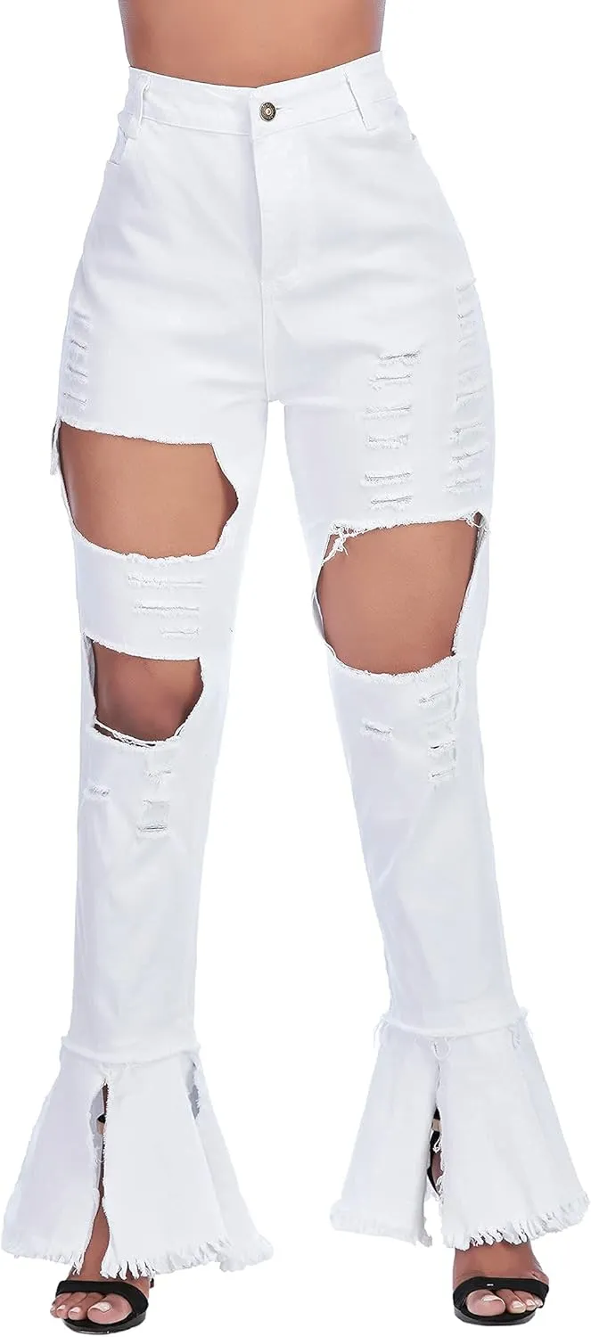 Ripped Jeans Womens Bell Bottom Jeans for Women High Rise Flare Pants Destroyed Distressed Skinny Retro Denim