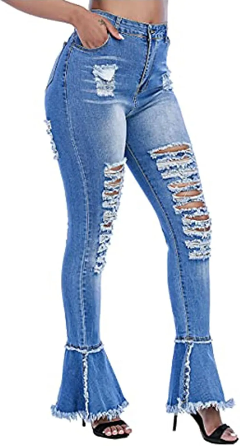 Ripped Jeans Womens Bell Bottom Jeans for Women High Rise Flare Pants Destroyed Distressed Skinny Retro Denim