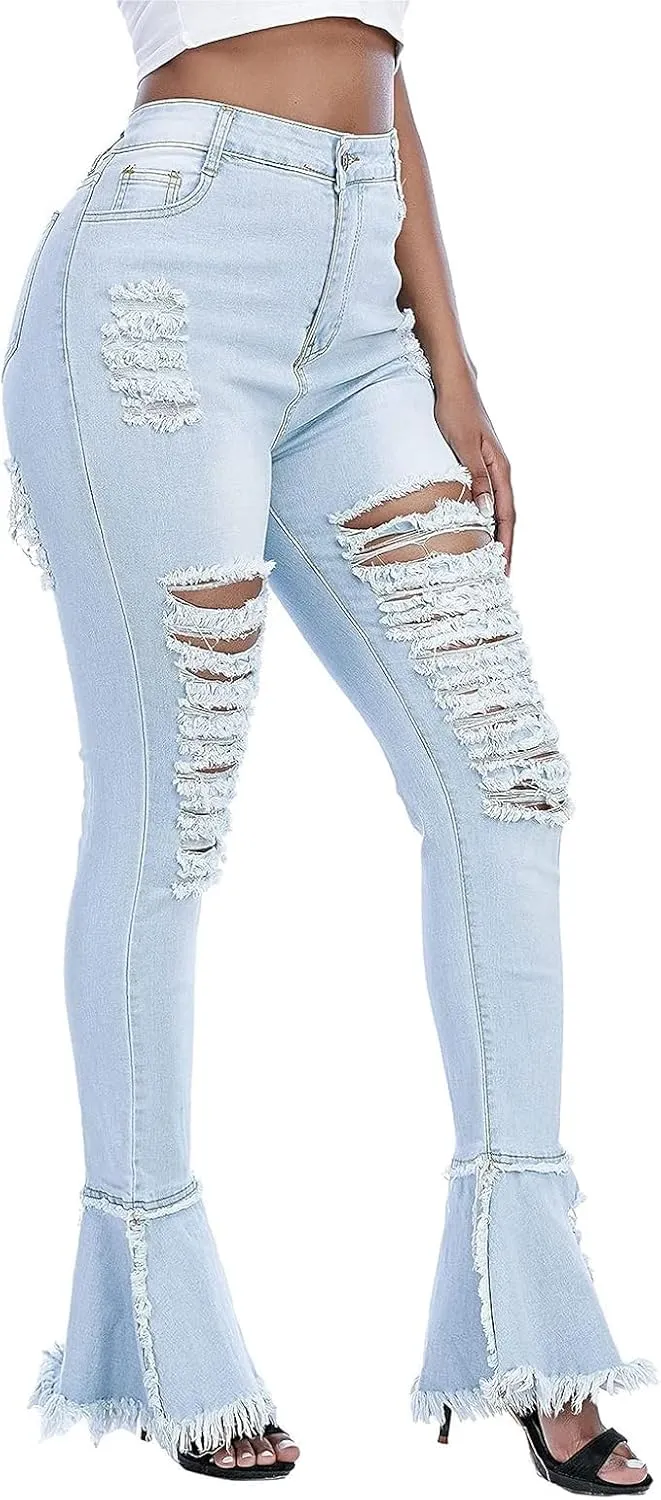 Ripped Jeans Womens Bell Bottom Jeans for Women High Rise Flare Pants Destroyed Distressed Skinny Retro Denim