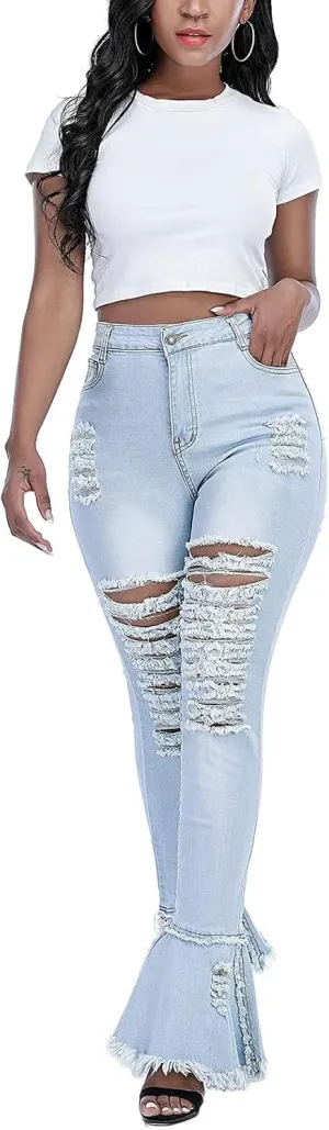 Ripped Jeans Womens Bell Bottom Jeans for Women High Rise Flare Pants Destroyed Distressed Skinny Retro Denim