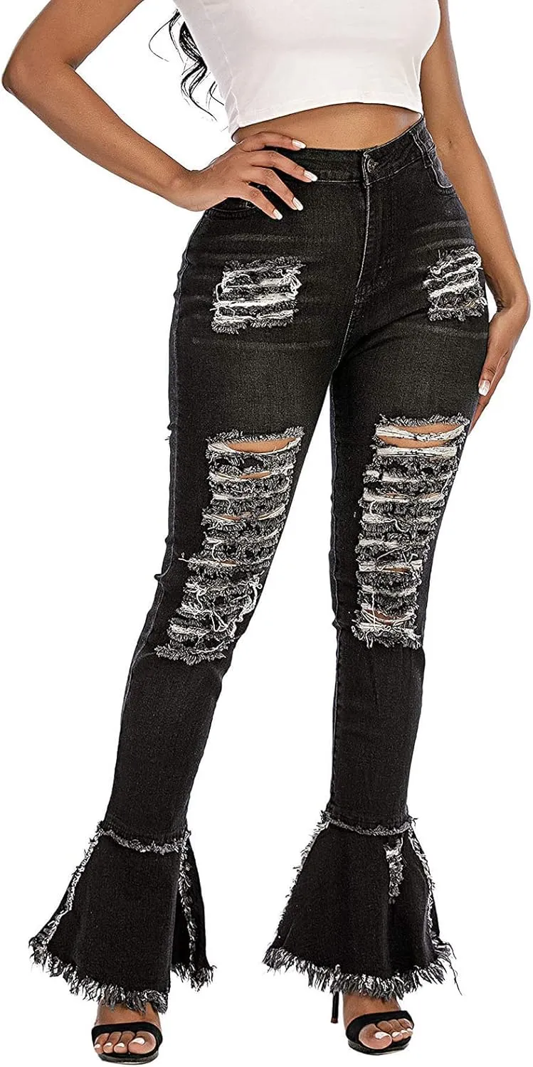 Ripped Jeans Womens Bell Bottom Jeans for Women High Rise Flare Pants Destroyed Distressed Skinny Retro Denim